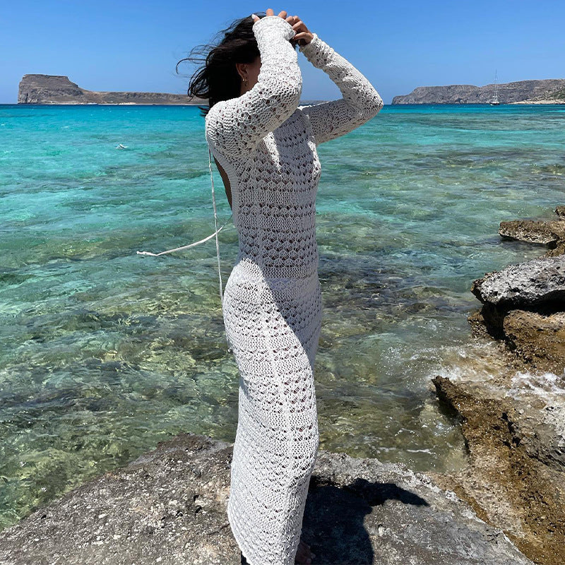 Backless Long Sleeve Crocheted Flower Knitted Dress