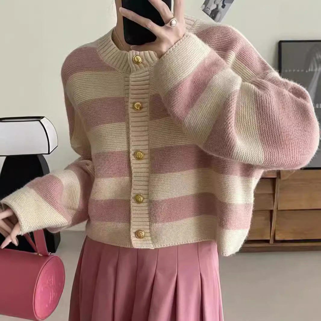 Women's Neck Striped Contrast Color Spring Loose Design Women's Sweater
