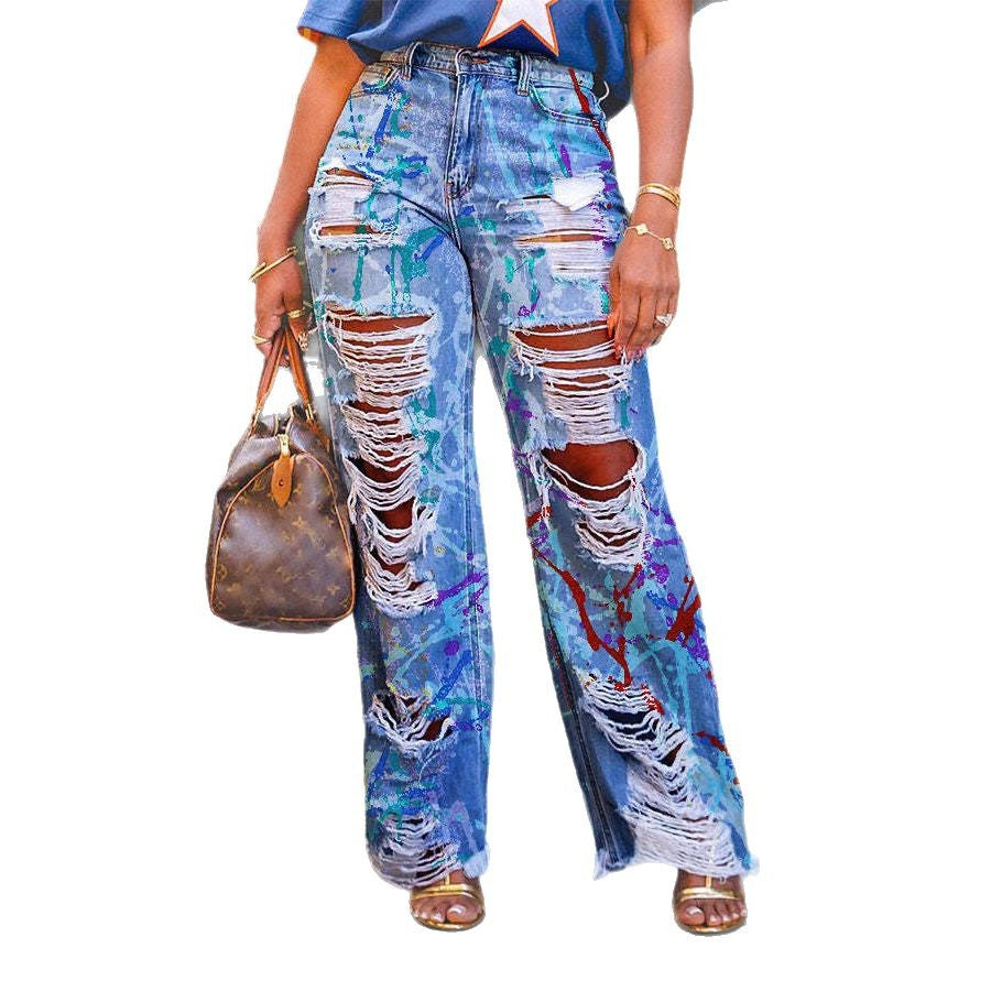 Summer Fashion Iti Printing Ripped Straight Jeans