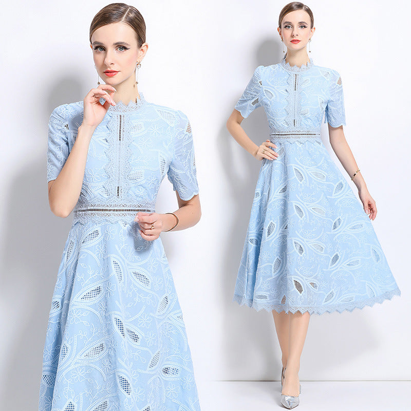 Women's French Retro Hollow Embroidered Waist Trimming Dresses