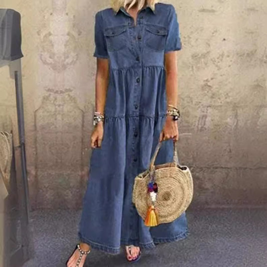 Elegant Denim Style Long Distressed Dress Dresses
