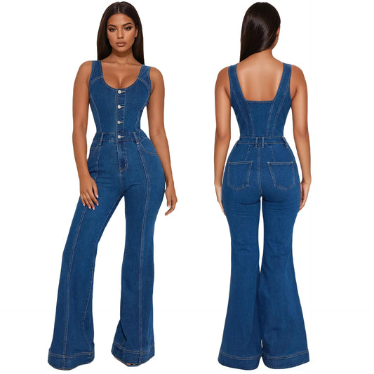 Women's Fashion Casual Sexy Strap Denim Bell-bottom Suits