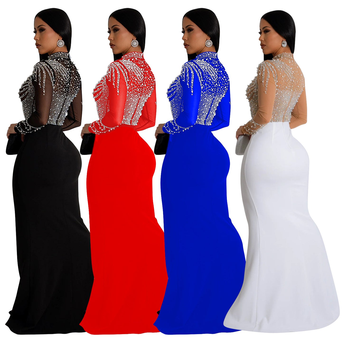 Women's Pure Color Mesh Hot Drilling Split Dresses