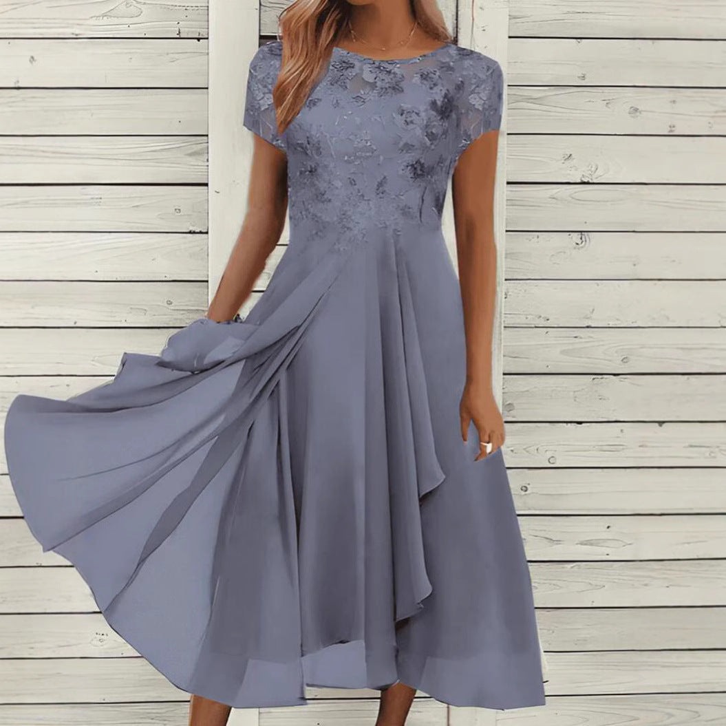 Chiffon Patchwork Round Neck Lace Long Dress