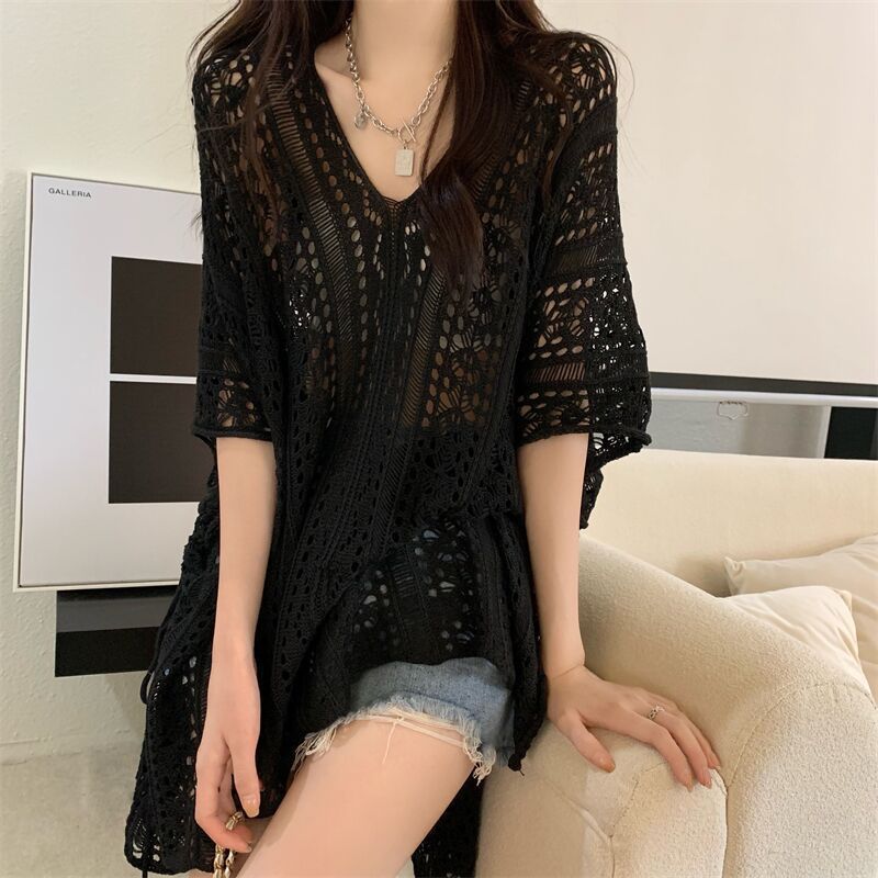 Women's Pure Desire Hollow Out Tied Knitted Loose Niche Mid-length Women's Sweater