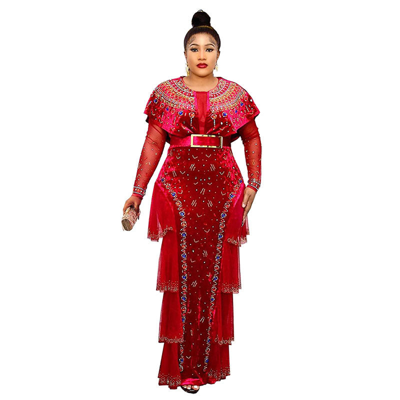 Women's Luxury Rhinestone Beaded Round Neck Long Dresses