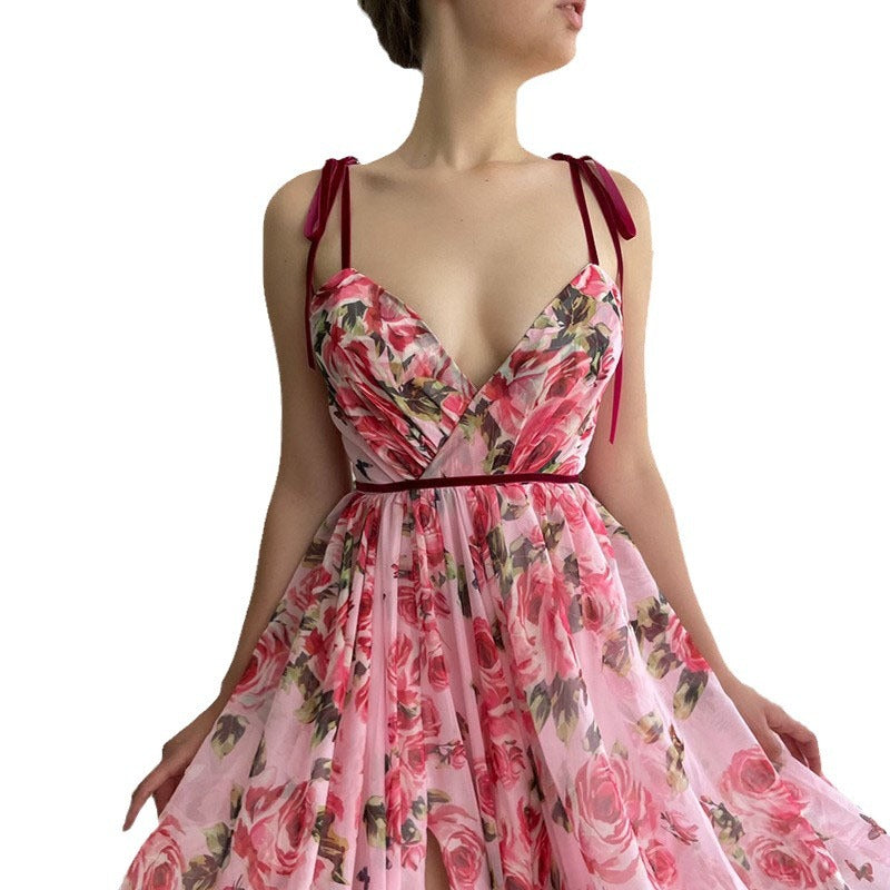 Women's Vintage Printed Long Sexy Sling Beach Casual Dress