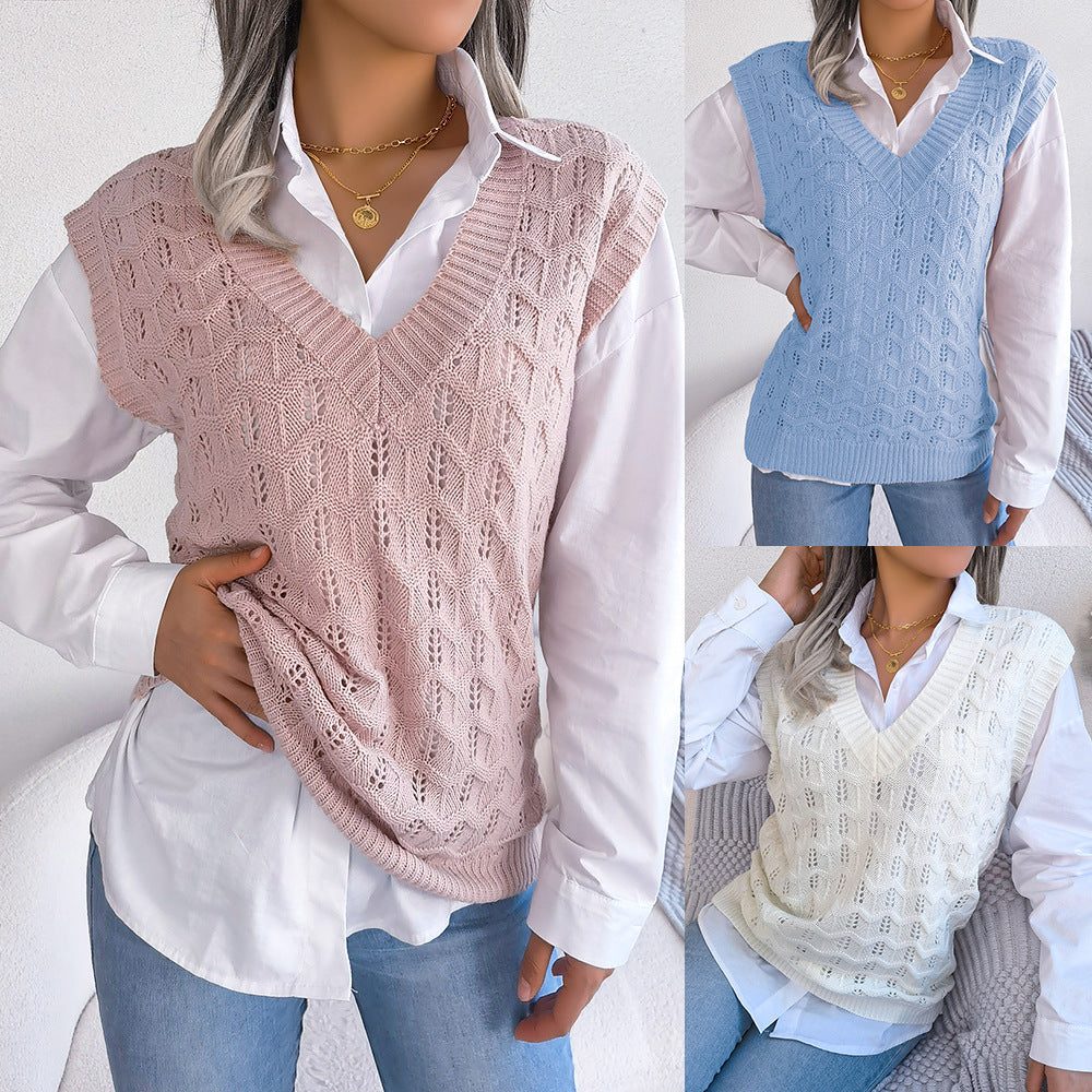 Women's Clearance Solid Color Hollow Wavy Knitted Sweaters