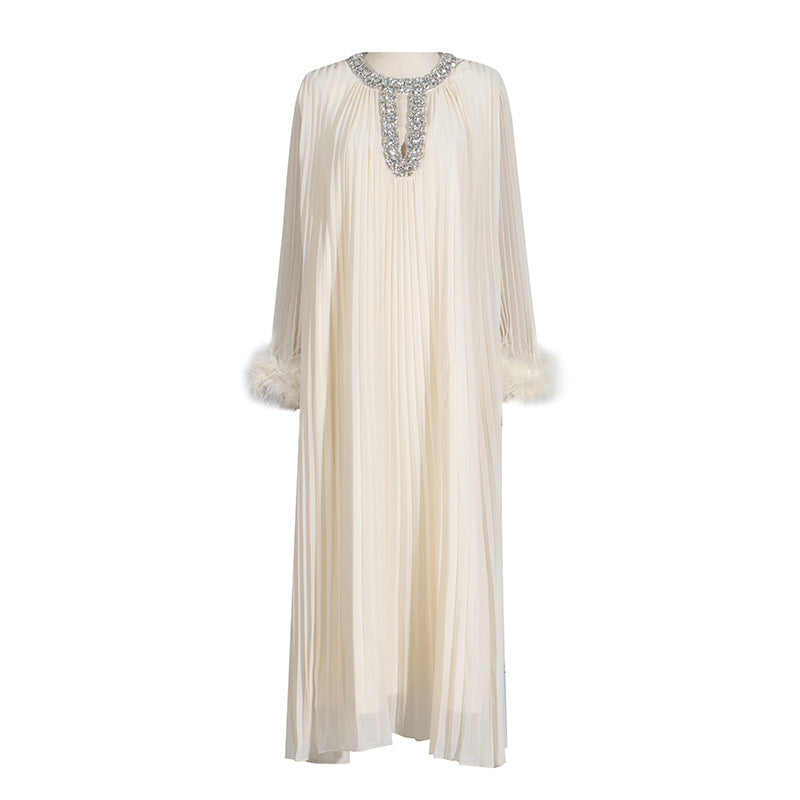Women's Dress Round Neck Rhinestone Ostrich Fur Sleeve Stitching Pleated Dresses