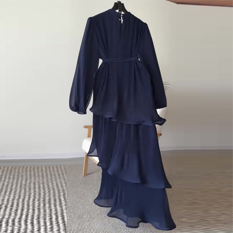 Women's Round Neck Long Sleeve Ruffled Strap Dresses