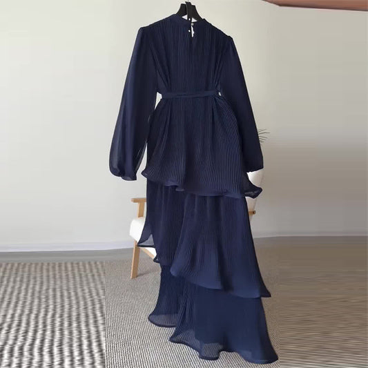 Women's Round Neck Long Sleeve Ruffled Strap Dresses