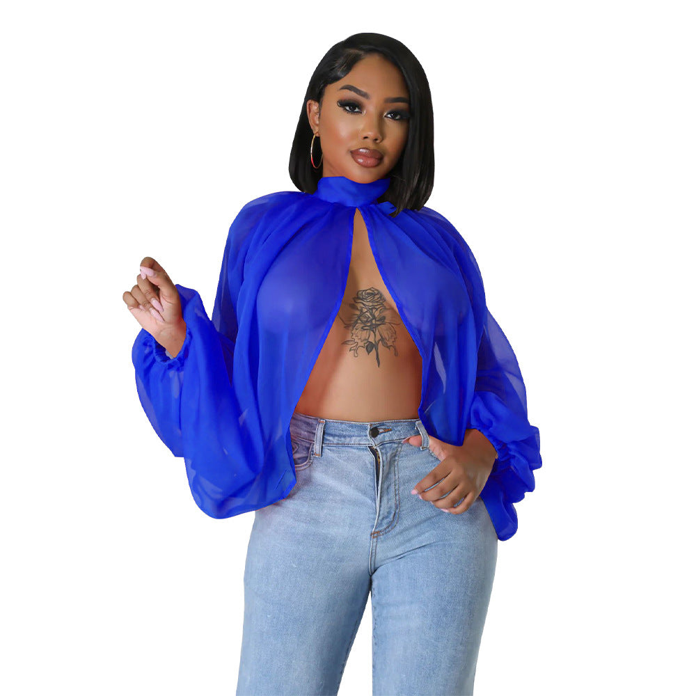 Women's Lace Printing Chiffon Shirt Batwing Sleeve Blouses