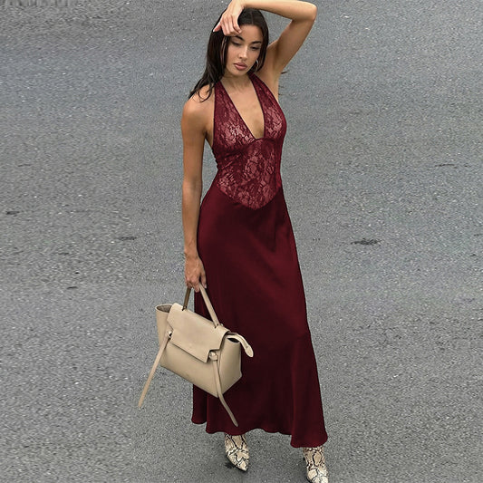 Women's Sexy Deep Lace Stitching Sleeveless Slim Dress