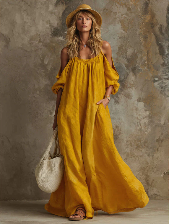 Vacation Style Pocket Strap Cotton Linen Dress