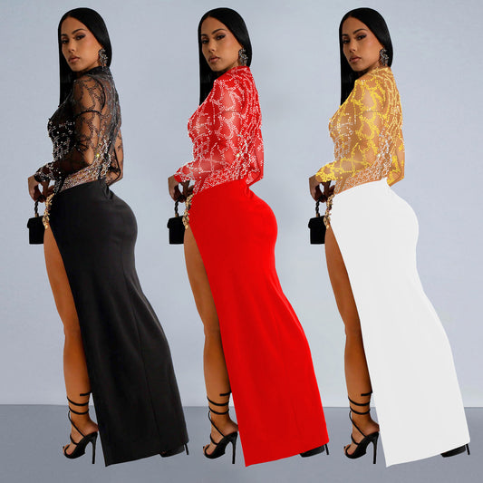 Women's Wear Rhinestone Sexy Cutout Long Sleeve Dresses