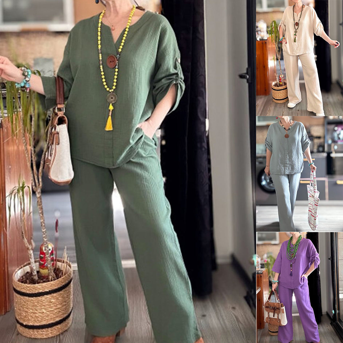 Women's Cotton Linen Loose Two-piece Half Sleeve Fashion Casual Suit