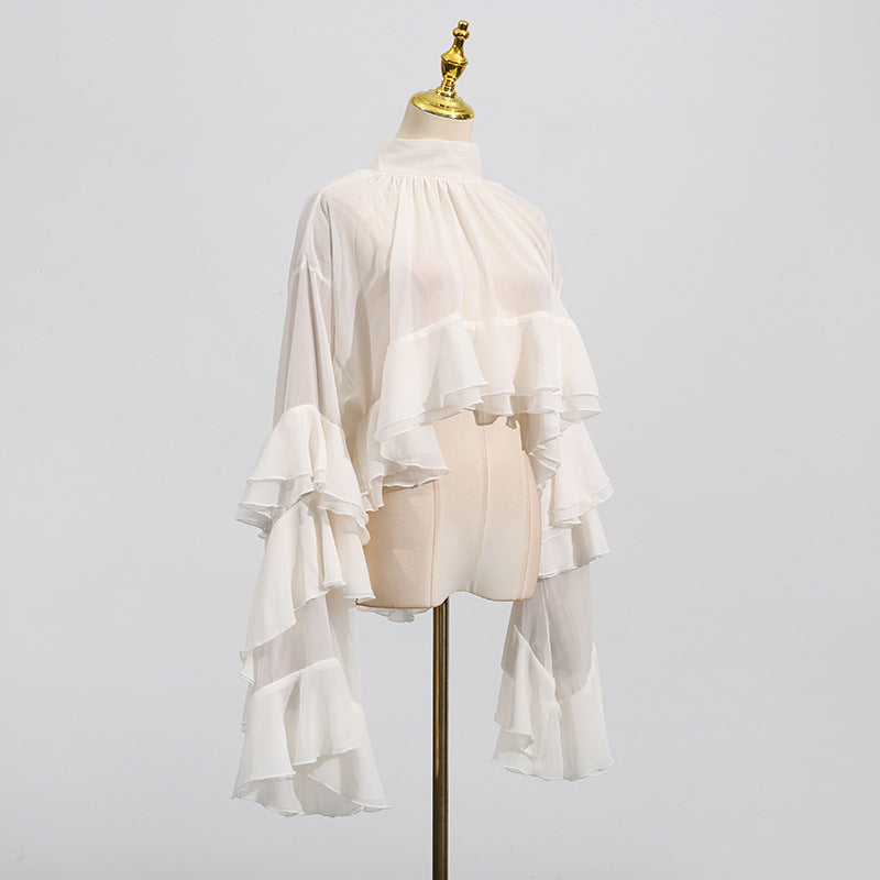 Women's Shirt Summer Elegant Mesh Wooden Ear Blouses