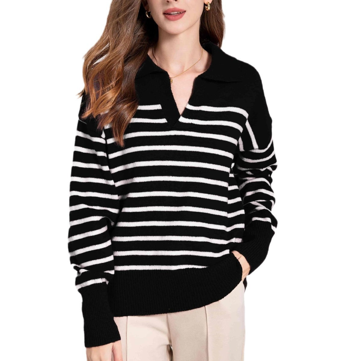 Women's Long Sleeve Autumn Cotton Bottoming Shirt Contrast Color Navy Style Coats