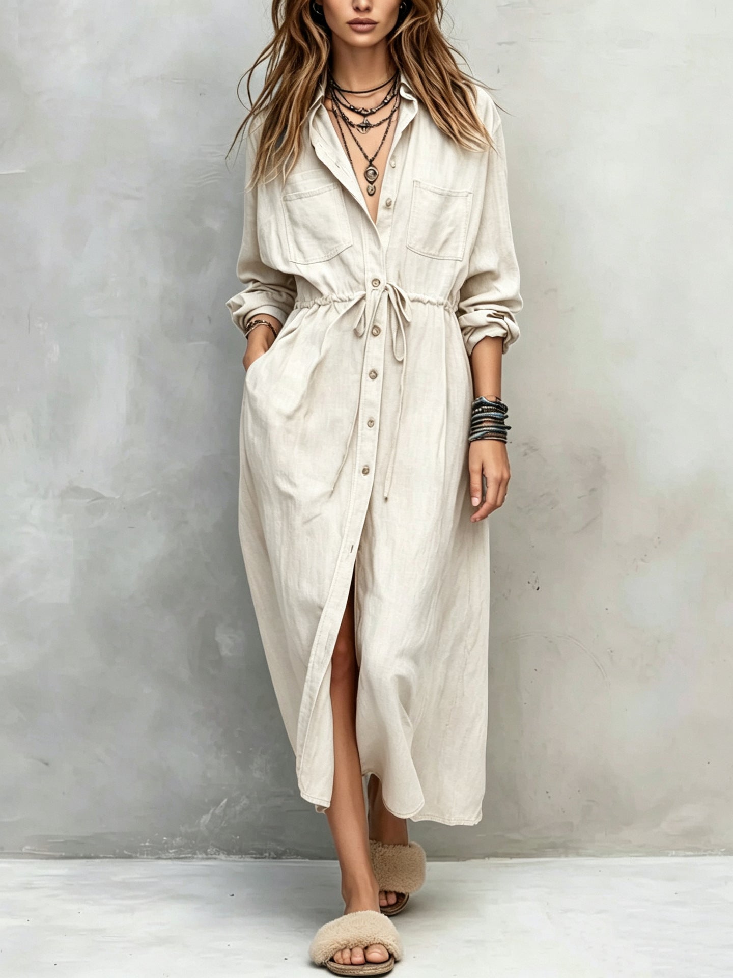 Casual Drawstring Fitted Waist Shirt Loose Dress