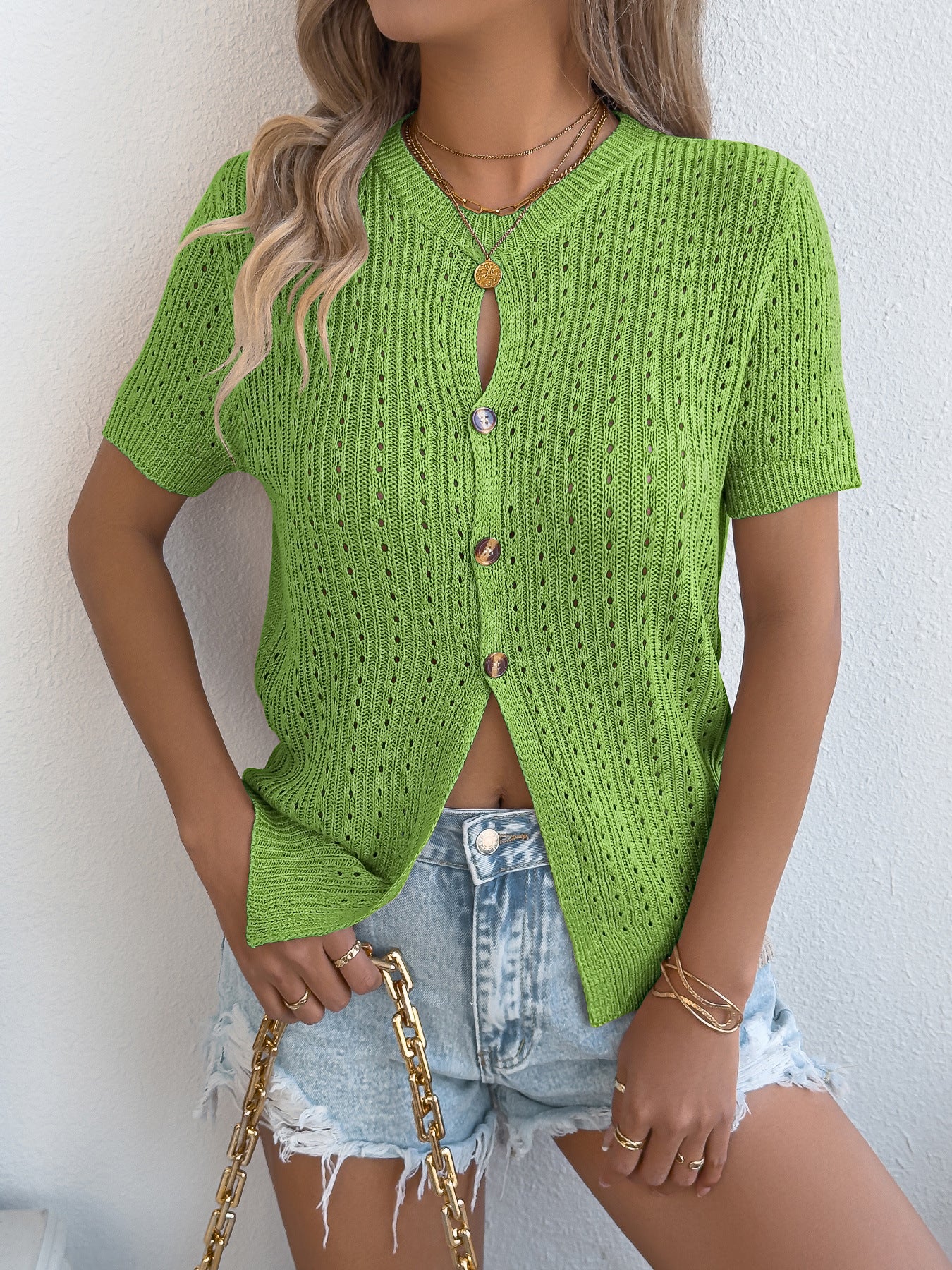 Women's Solid Color Button Short-sleeved For Sweaters