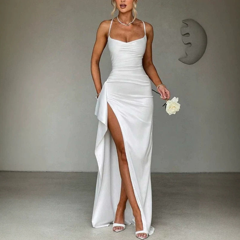 Women's Summer Solid Color Sleeveless Shoulder Strap Satin Dress