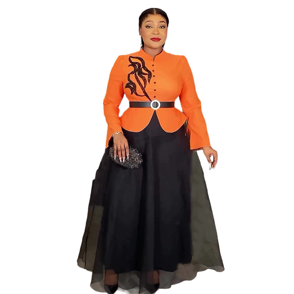 Women's Fashion Long Sleeve Button Two-piece Crystals Dresses