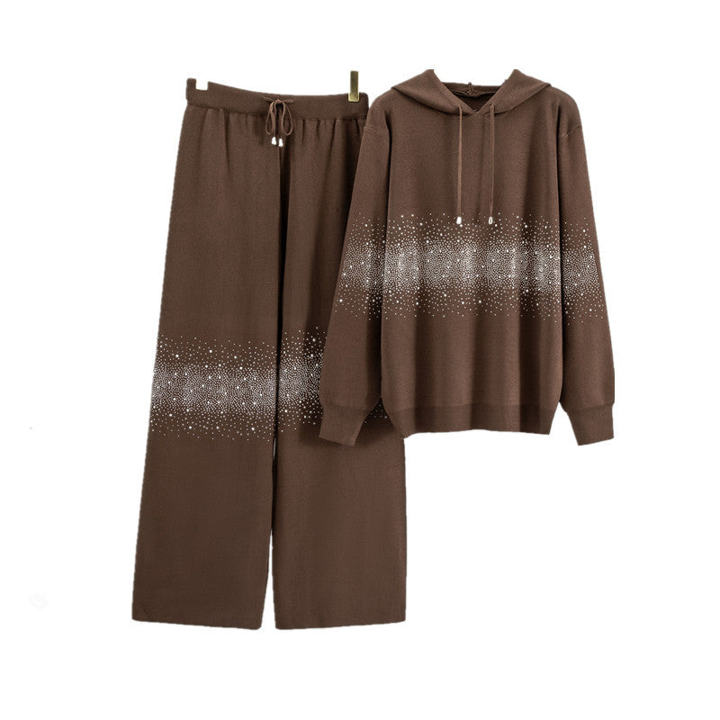 Women's Starry Hot Rhinestone Fashionable Knitted Autumn Hooded Fashion Casual Suit
