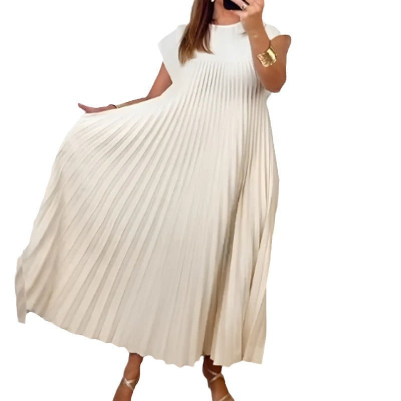 Solid Color Round Neck Sleeveless Pleated Dresses
