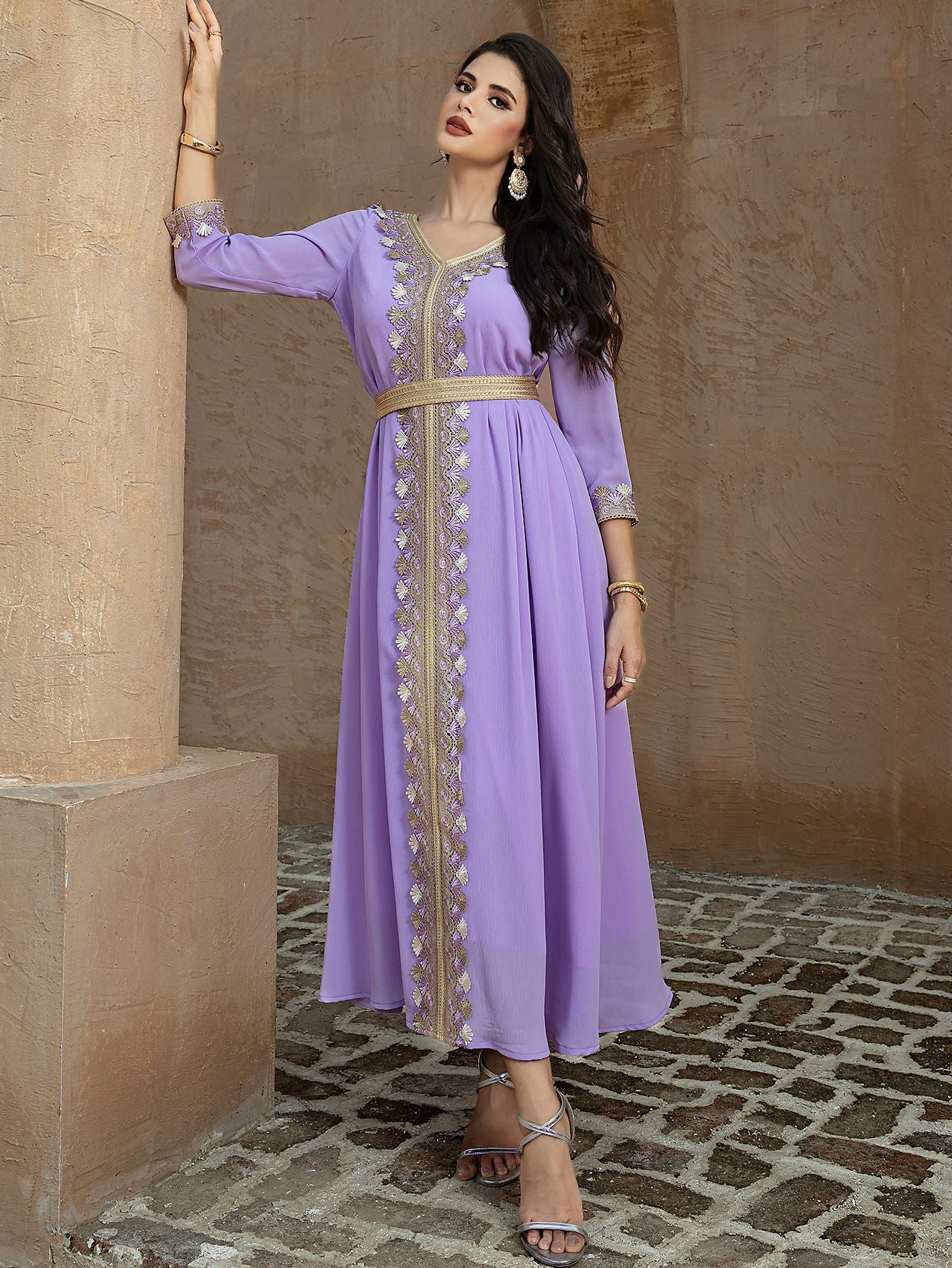 Violet Swing Stitching Golden Ribbon Temperament Dresses