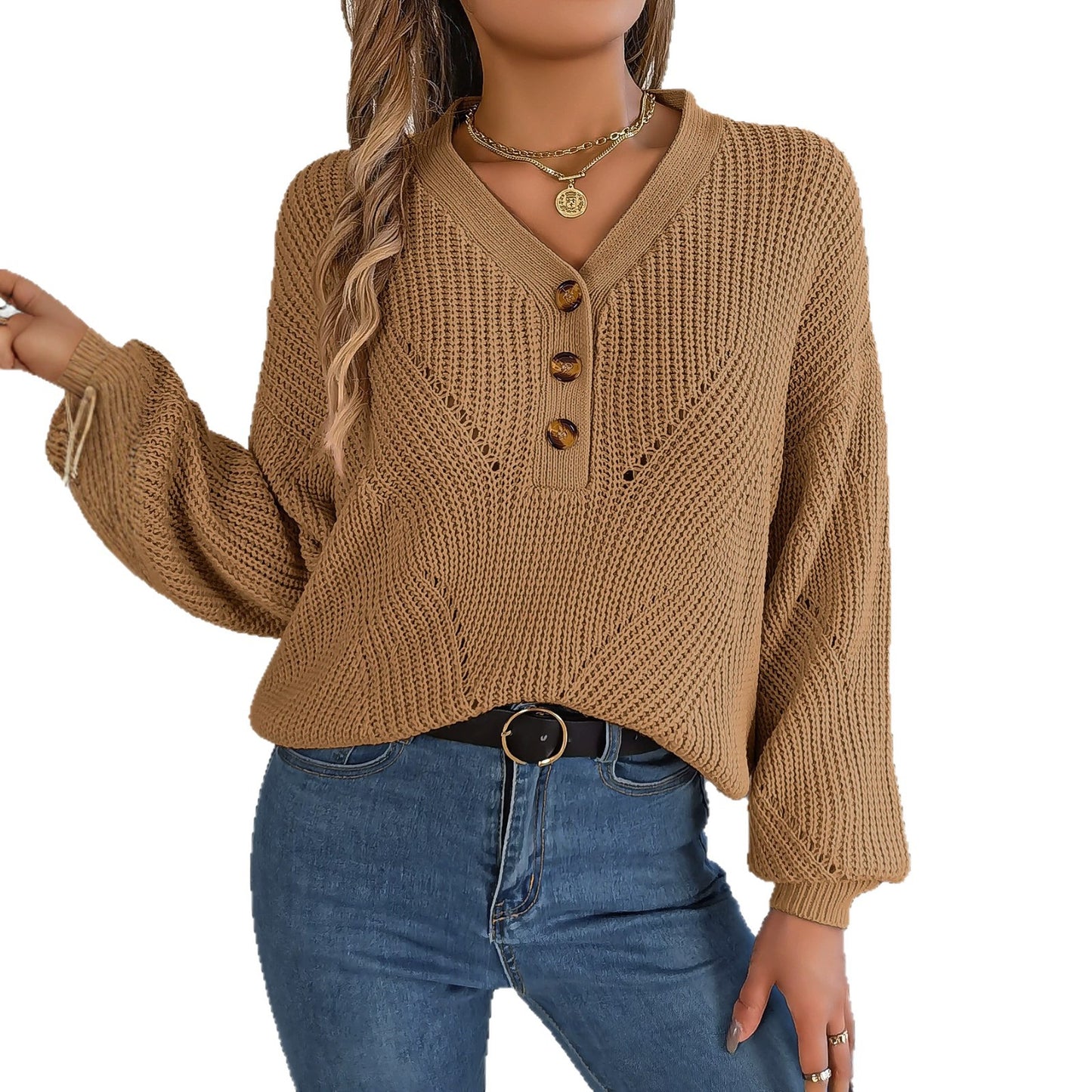 Women's Hollow Out Button Lantern Sleeve Pullover Sweater