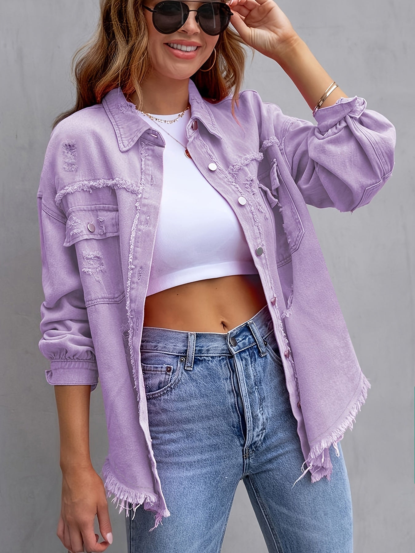 Women's Solid Color Loose Ripped Long Sleeves Jackets