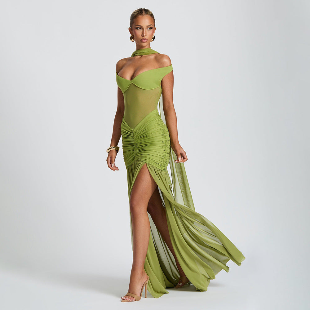 Women's Solid Color Sexy Mesh Stitching Pleated High Slit Dress