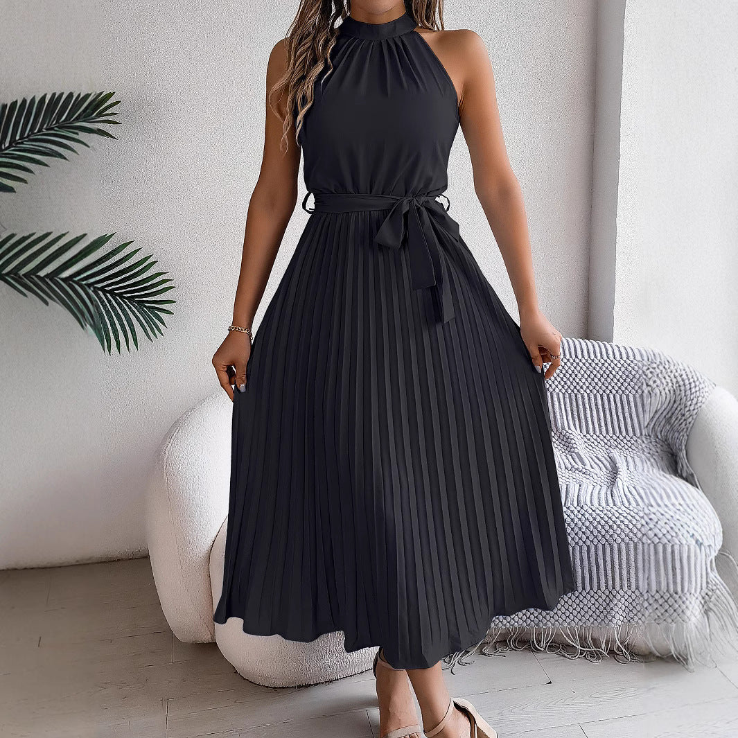 Women's Elegant Stand Collar Sleeveless Cinched Pleated Dress