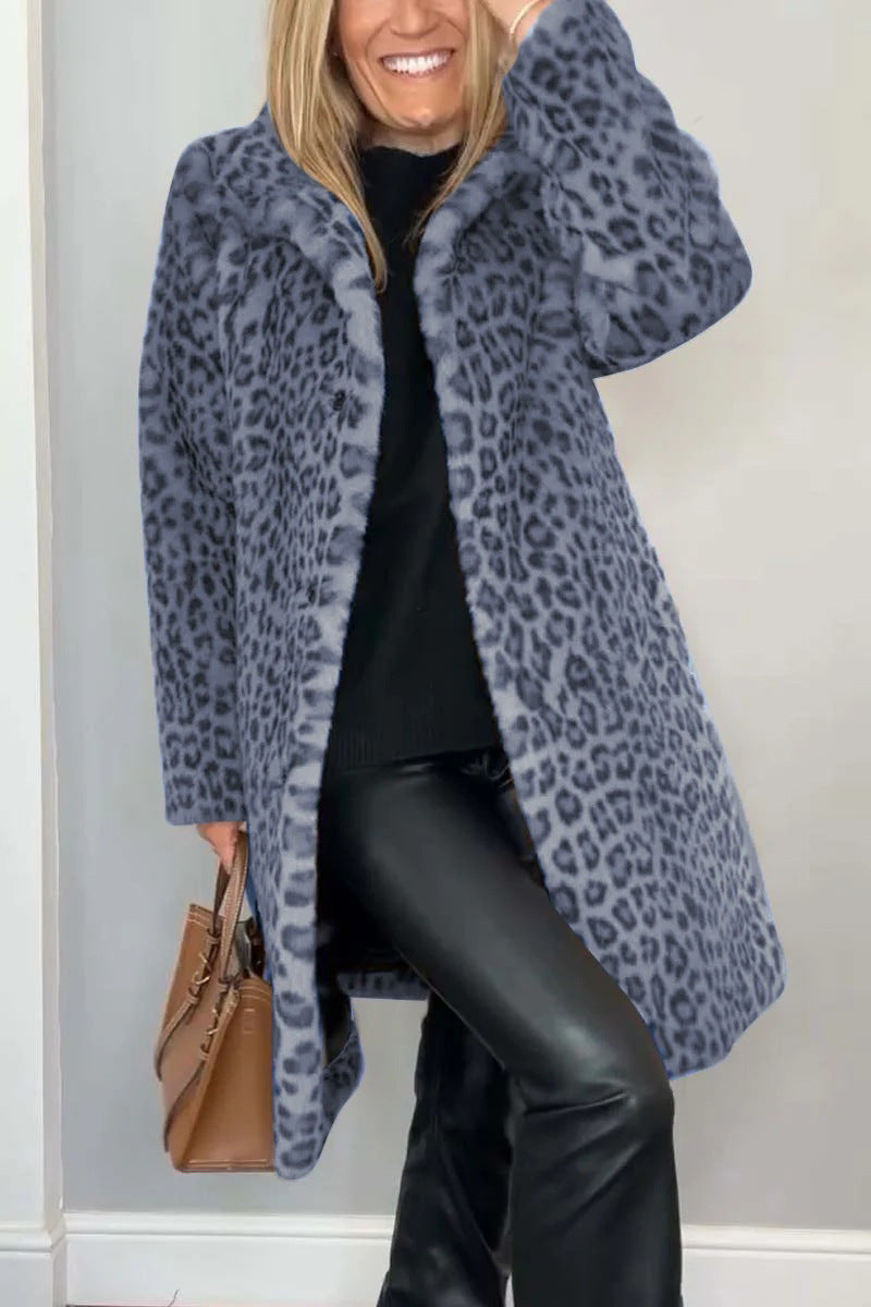 Women's Winter Fashionable Leopard Print Lapel Imitation Coats