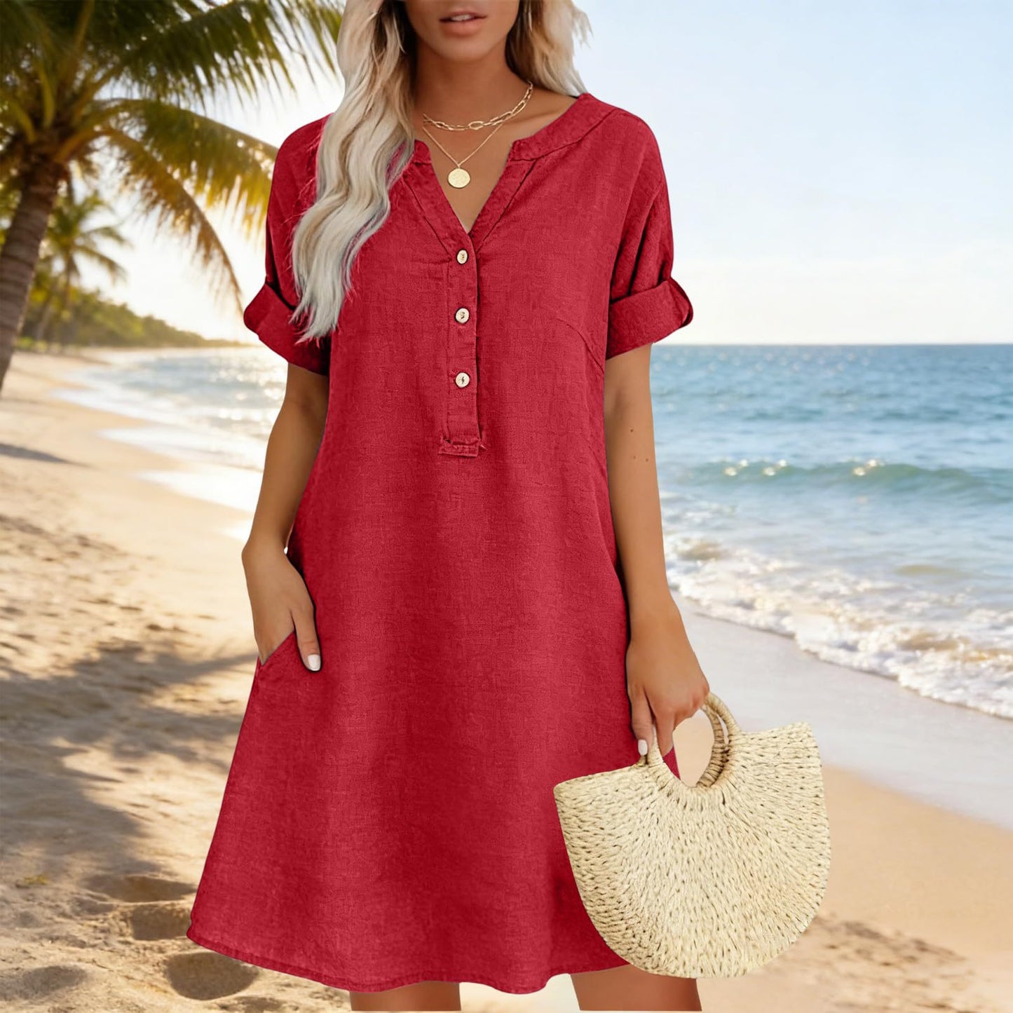 Sleeve Buttons Pocket Solid Color Shirt Shorts
