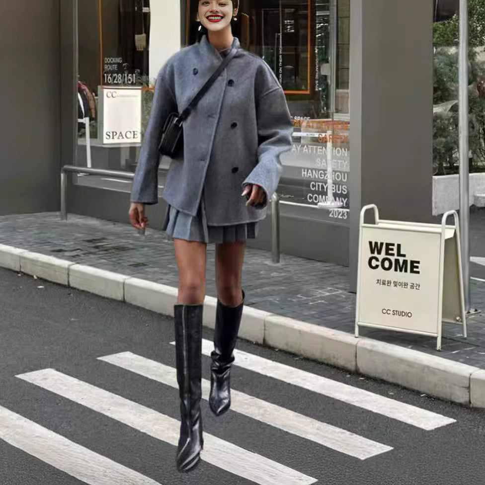 Women's Vintage Brown Woolen Double Breasted Thick Jackets