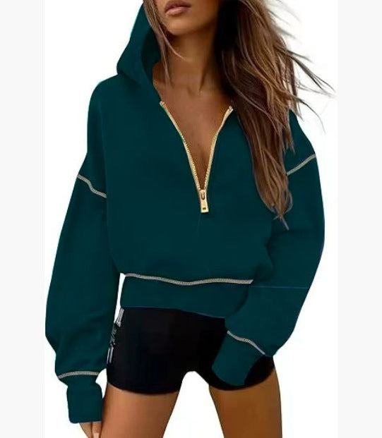 Women's Half Zipper Ladies Hooded Long-sleeved Fashion Sweaters