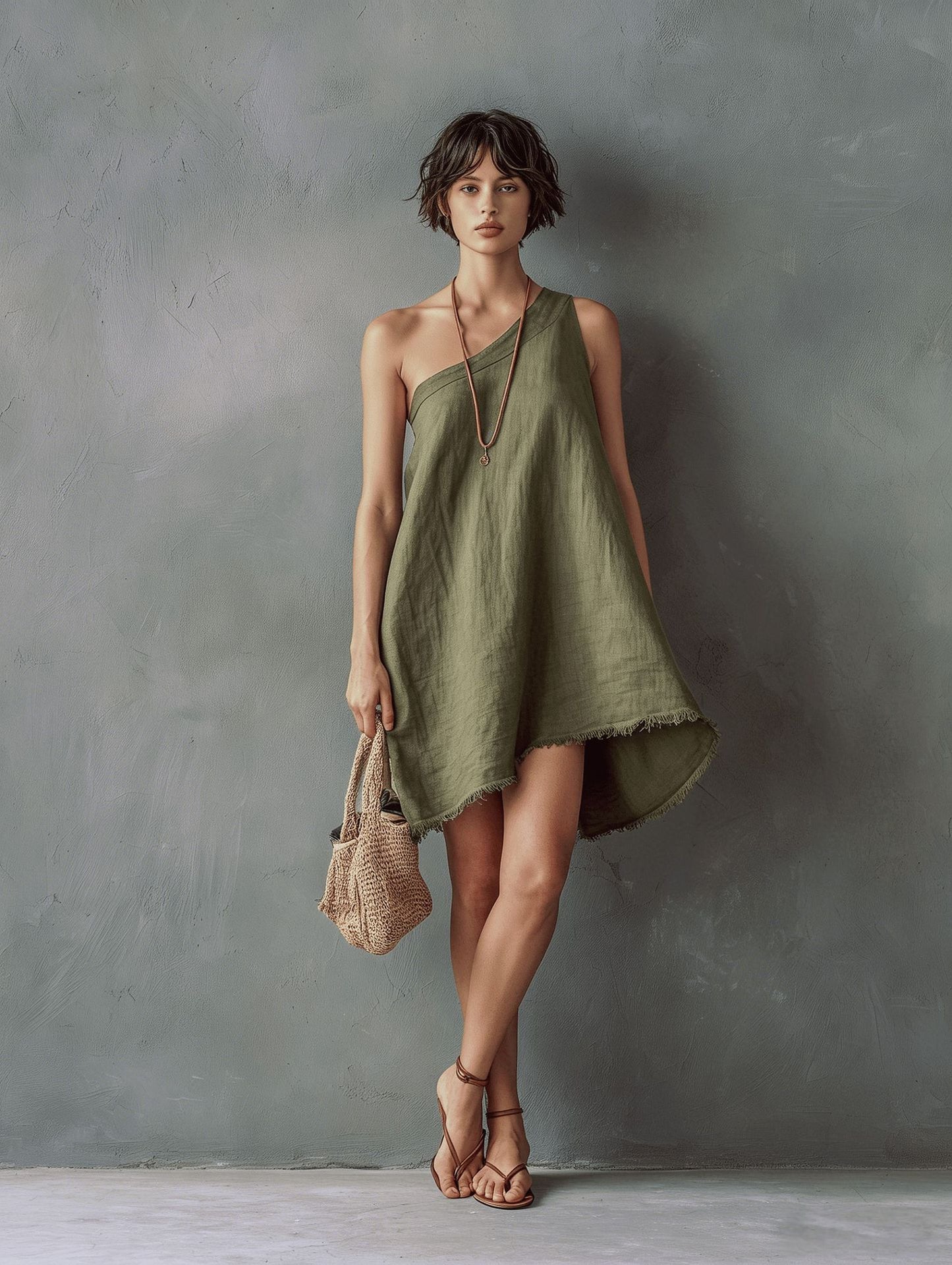 Women's Minimalist Linen Blend Shoulder Sleeveless Frayed Dress