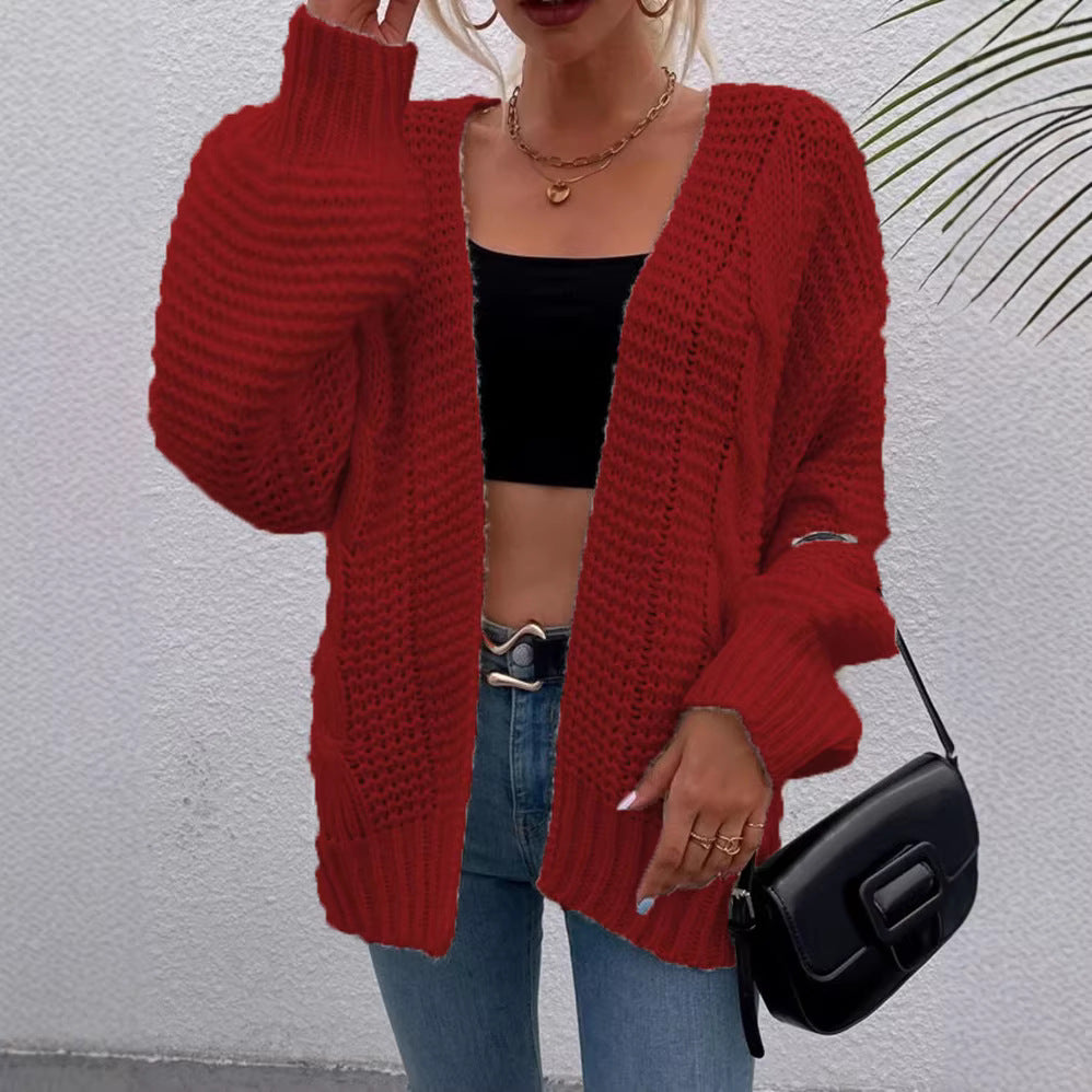 Women's Casual Long Sleeve Thick Knitted Twine Rope Loose Lantern Cardigans