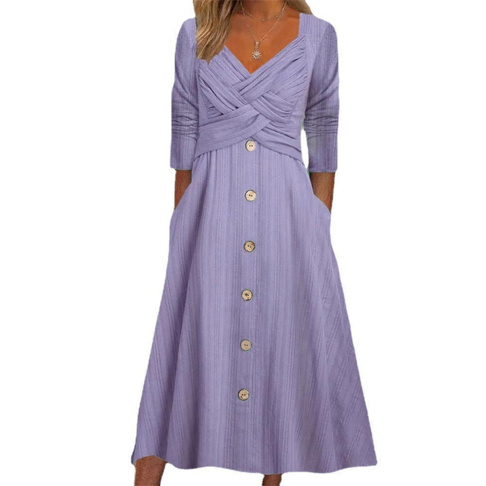 Women's Color Long Sleeve Cross Button Casual Dresses