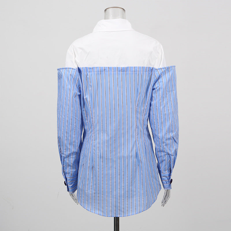Women's Design Long Sleeve Striped Stitching Fake Two-piece Blouses