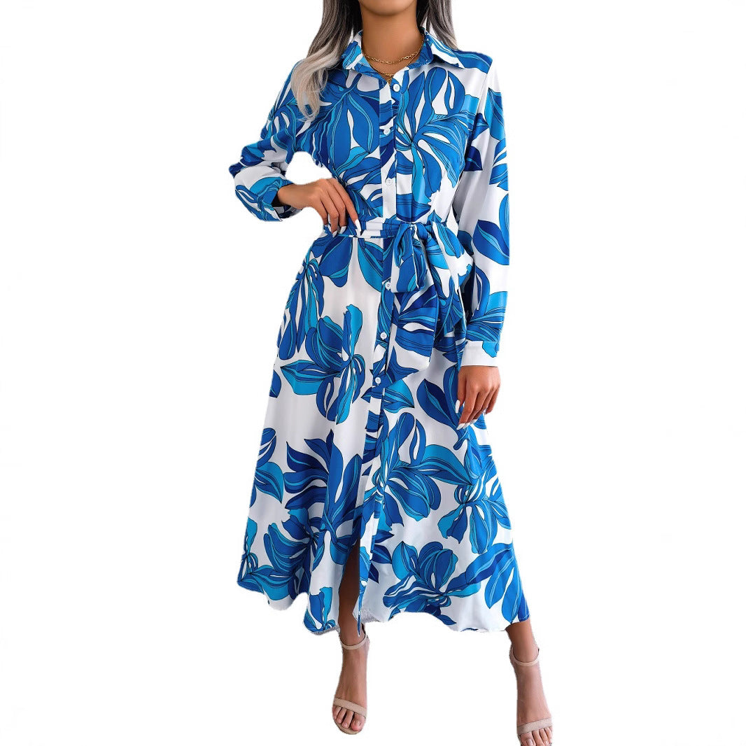Women's Style Flower Lapel Tied Shirt Long Clothing