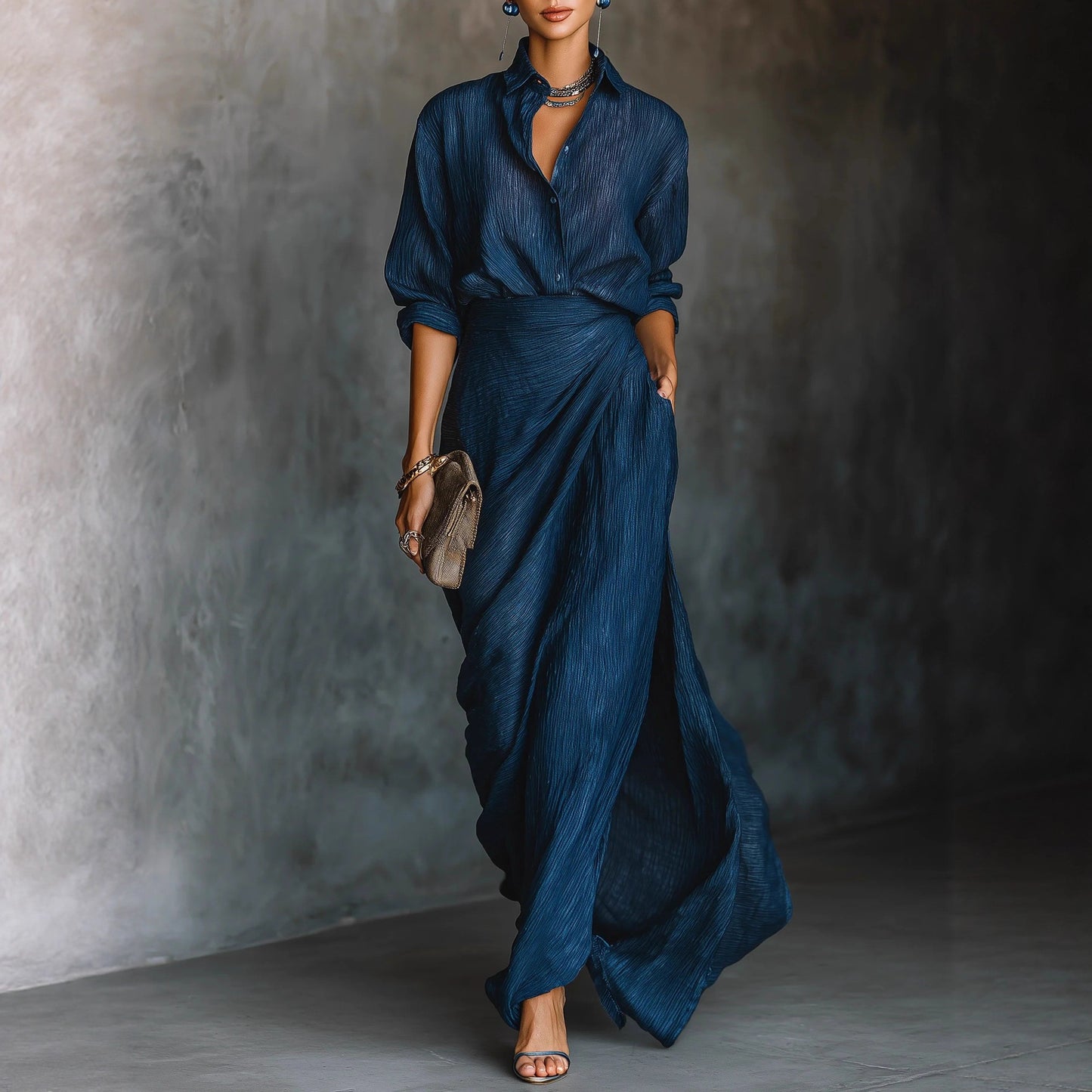 Women's Autumn Elegant Graceful Sexy Solid Color Irregular Pleated Dress Dresses