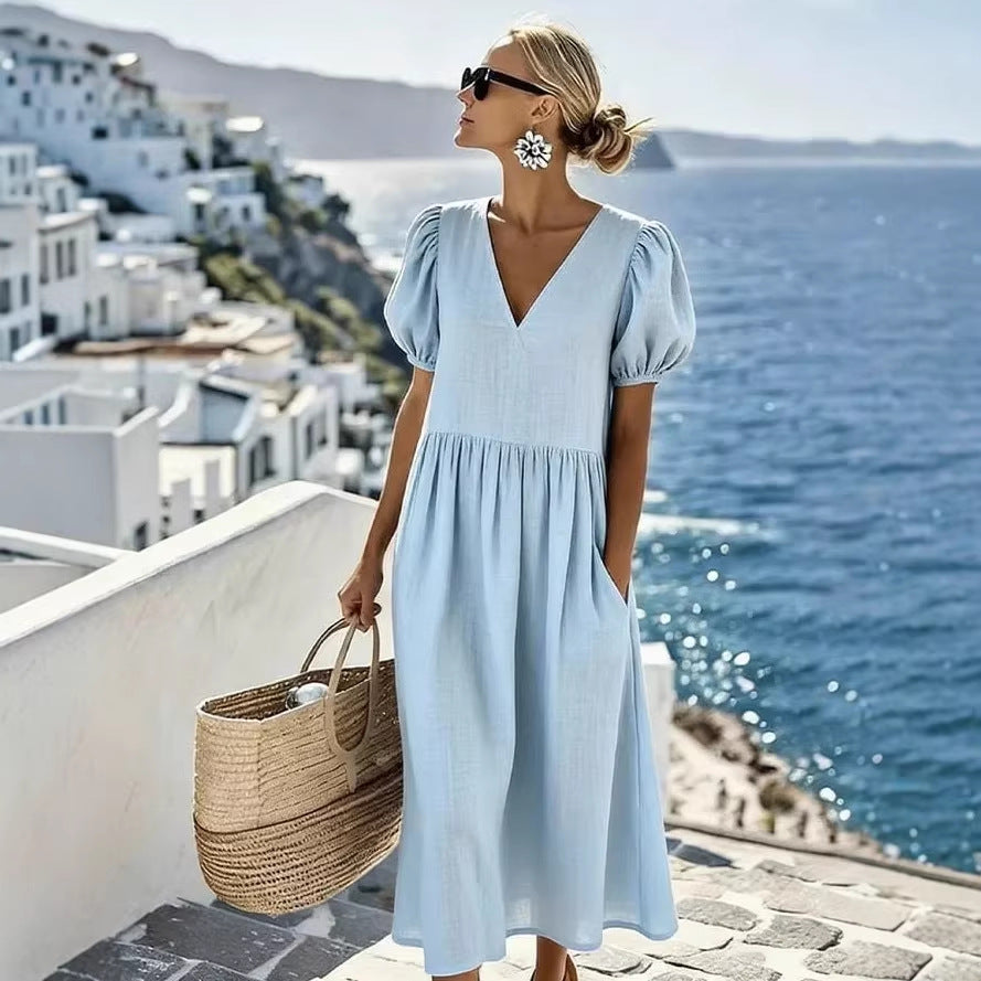 Summer Cotton Linen Casual Sleeve Pocket Pleated Loose Dress