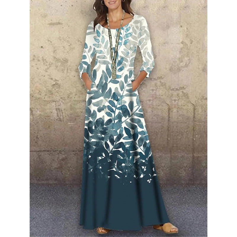 Women's Knitted Long Sleeve Dress Floral Print Clothing