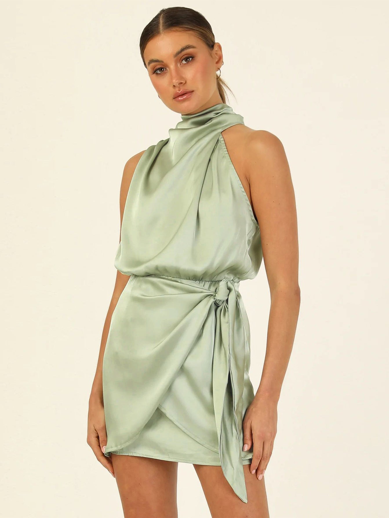 Halter Advanced Satin Tied Slim Fit Dresses