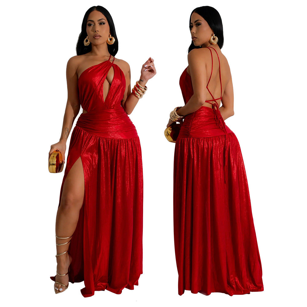 Women's Slant Shoulder Hollow Out High Slit Dress Dresses