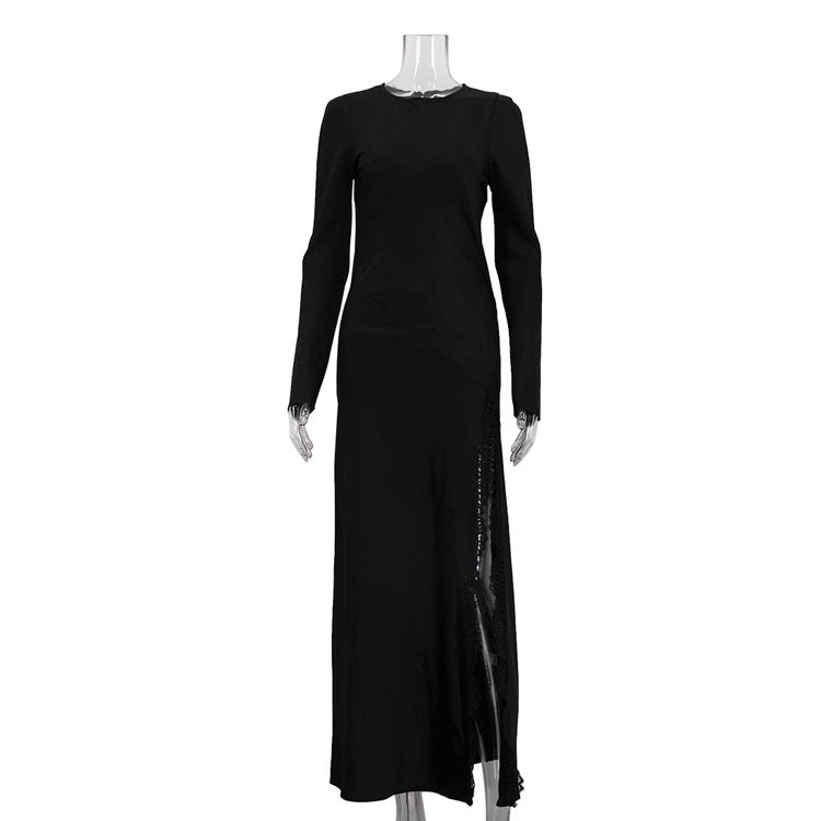 Women's Lace Stitching Design Split Elegant Dress Round Neck Dresses