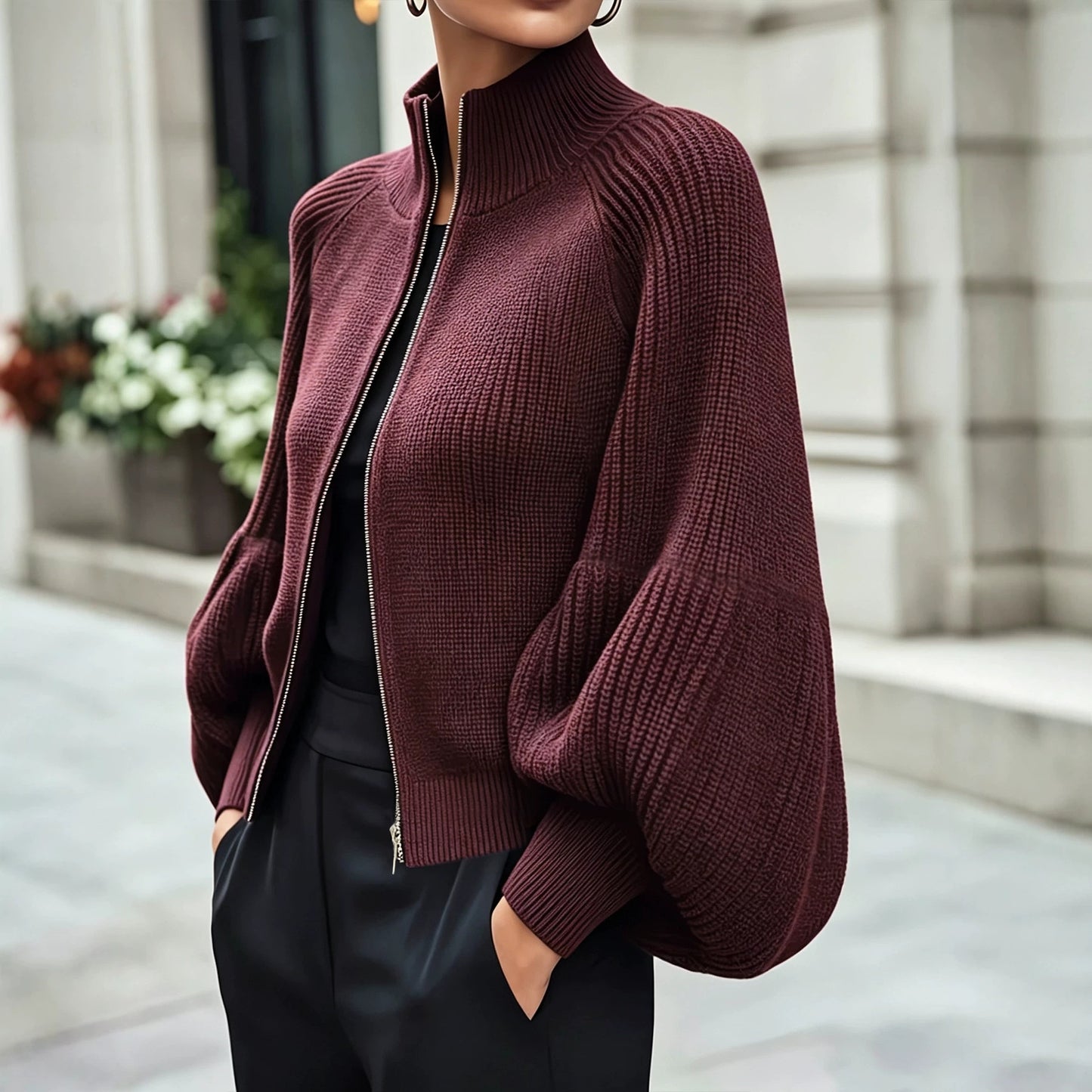 Women's High Stand Collar Zipper Knitted Thick Fluffy Women's Sweater