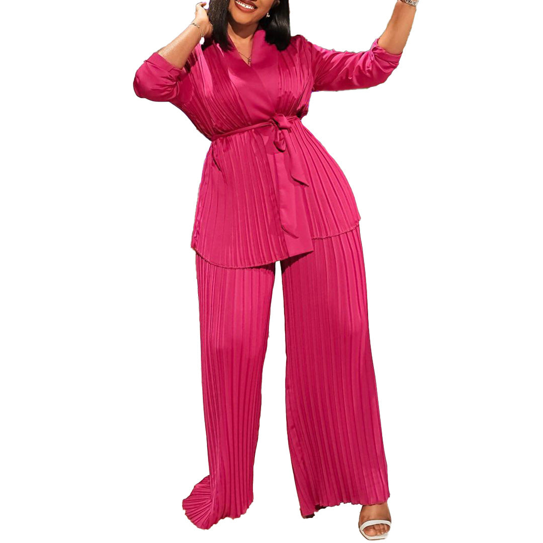 Women's Solid Color Pleated Loose Long Sleeve Tied Shirt Trousers Suits